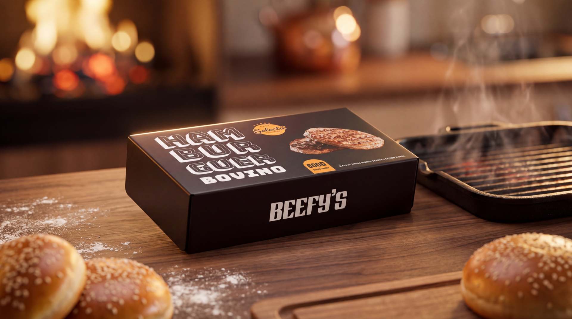Caixa preta de hambúrguer bovino Beefy's sobre mesa de madeira, com pães e grelha ao fundo.