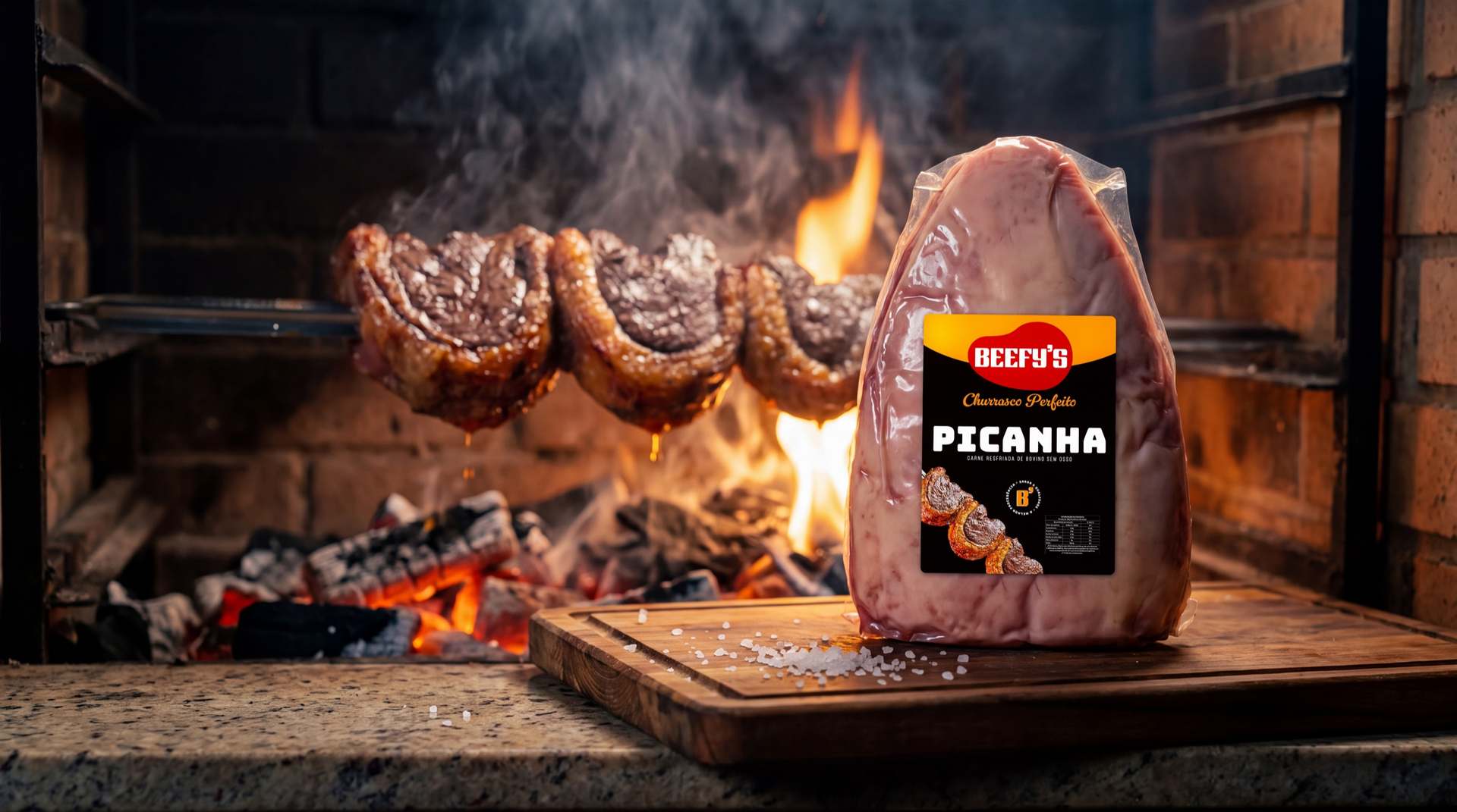 Peça de picanha Beefy's embalada sobre tábua, diante de uma churrasqueira acesa com espetos de carne ao fundo.