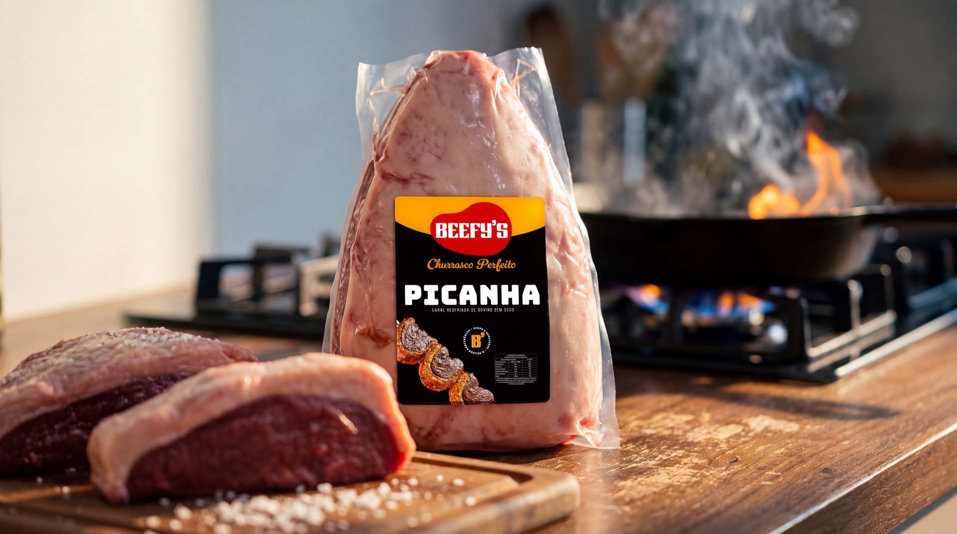 Peça de picanha Beefy's embalada sobre bancada de cozinha, ao lado de cortes de carne e uma frigideira no fogo.