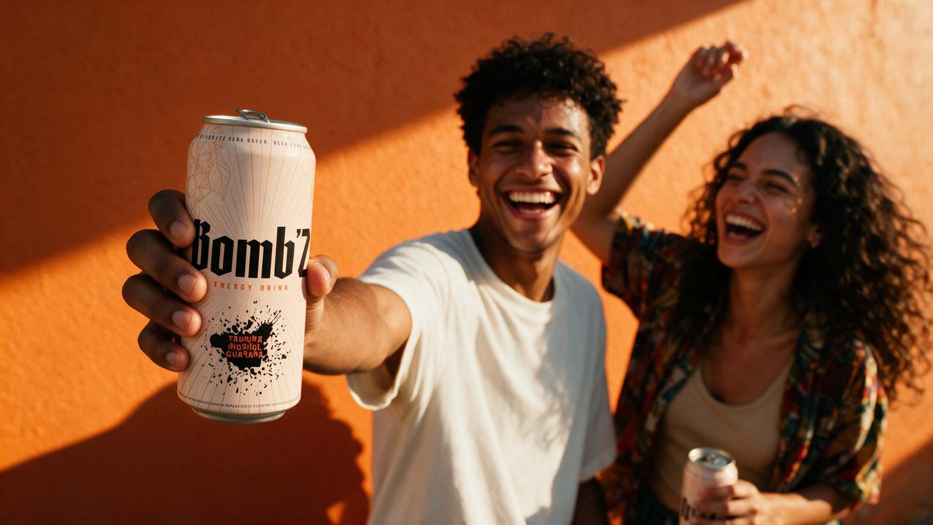 Duas pessoas rindo ao sol contra parede laranja, uma delas estendendo uma lata de energético Bomb'z para a câmera.