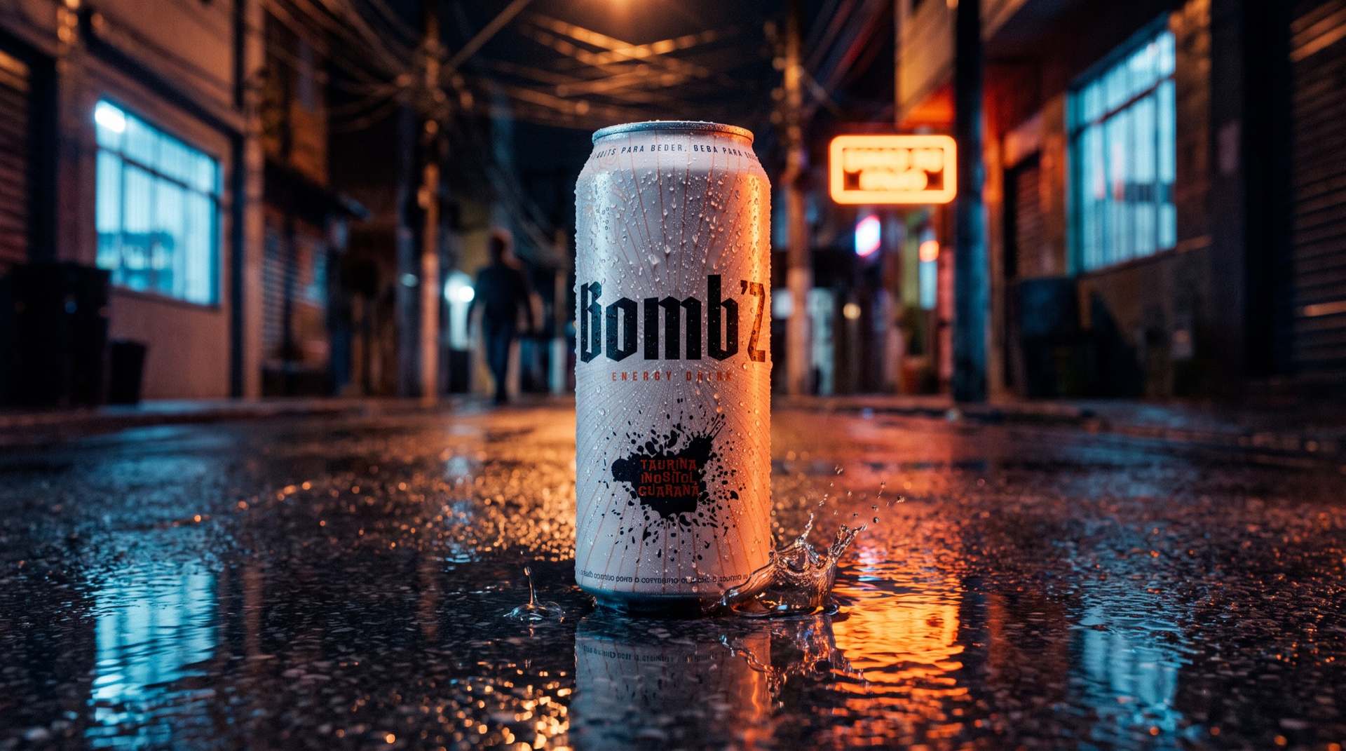 Lata de energético Bomb'z no asfalto molhado de uma rua à noite, com luzes de neon refletidas.