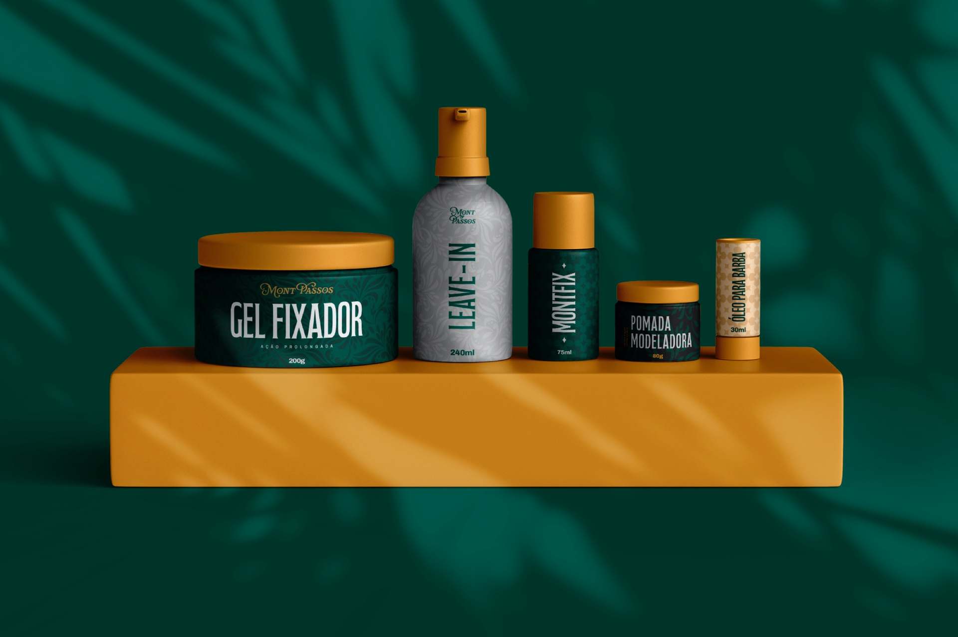 Cinco produtos de finalização Mont Passos — gel fixador, leave-in, pomada e bastão — alinhados sobre base laranja com fundo verde.